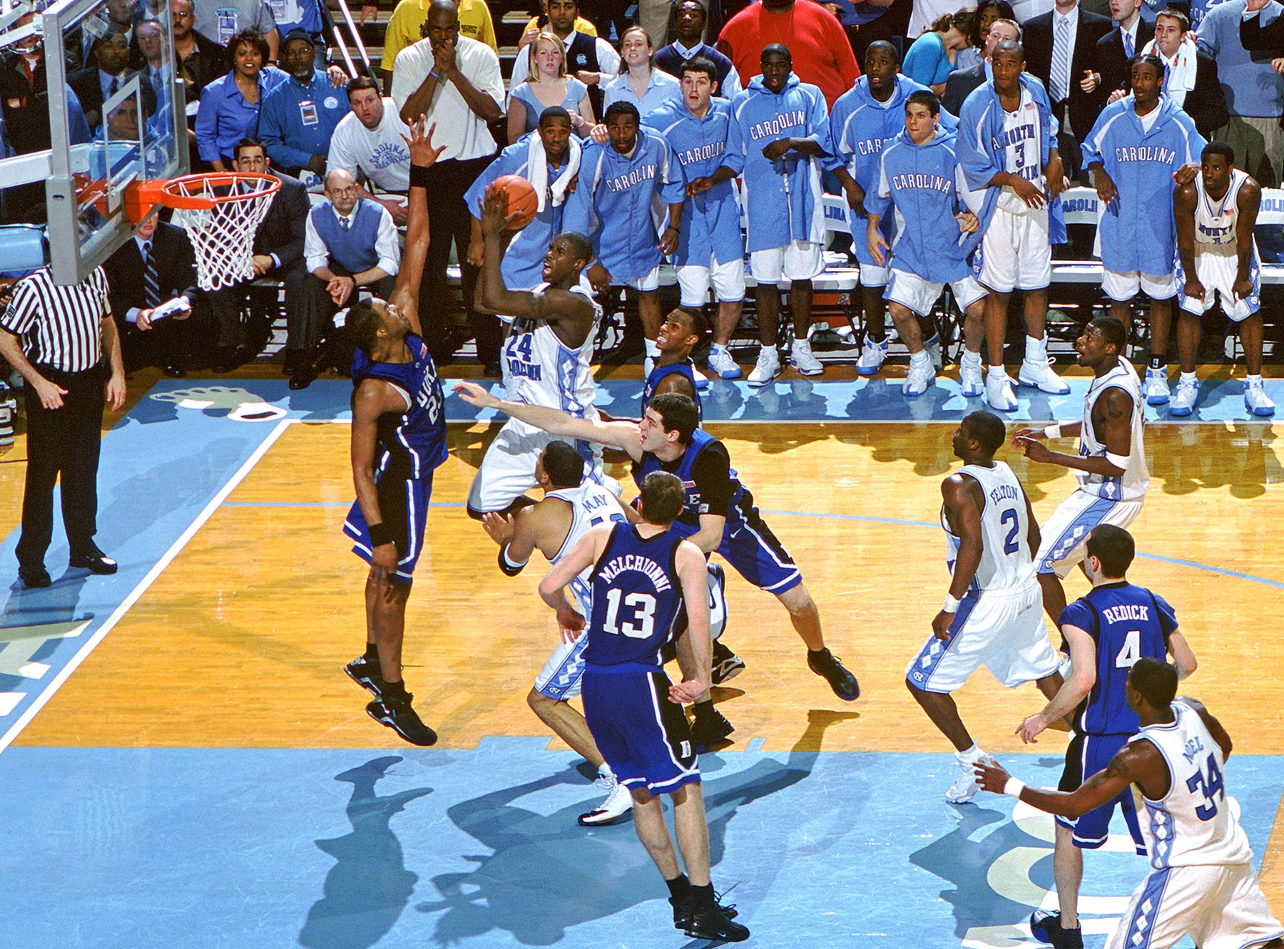 Archival North Carolina and Duke men's basketball action near the basket