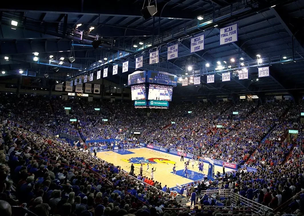 Basketball court and crowd at Kansas Allen Fieldhouse during a college game