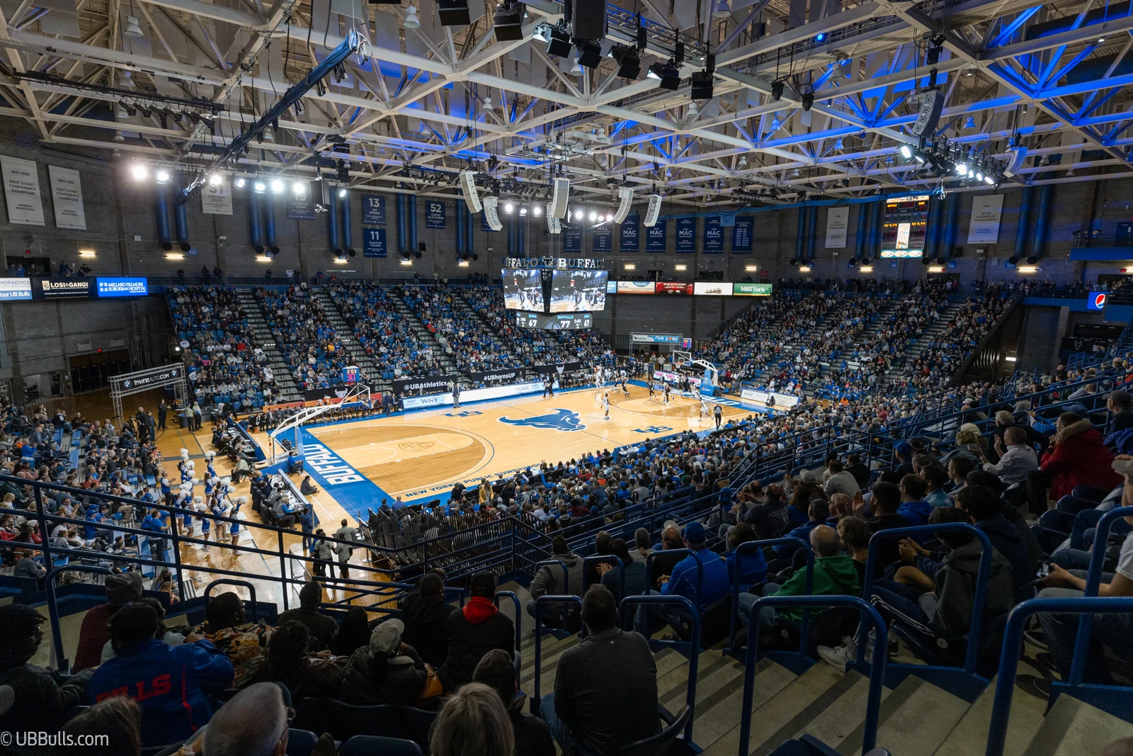 Elevated view of the Buffalo basketball court and arena seating