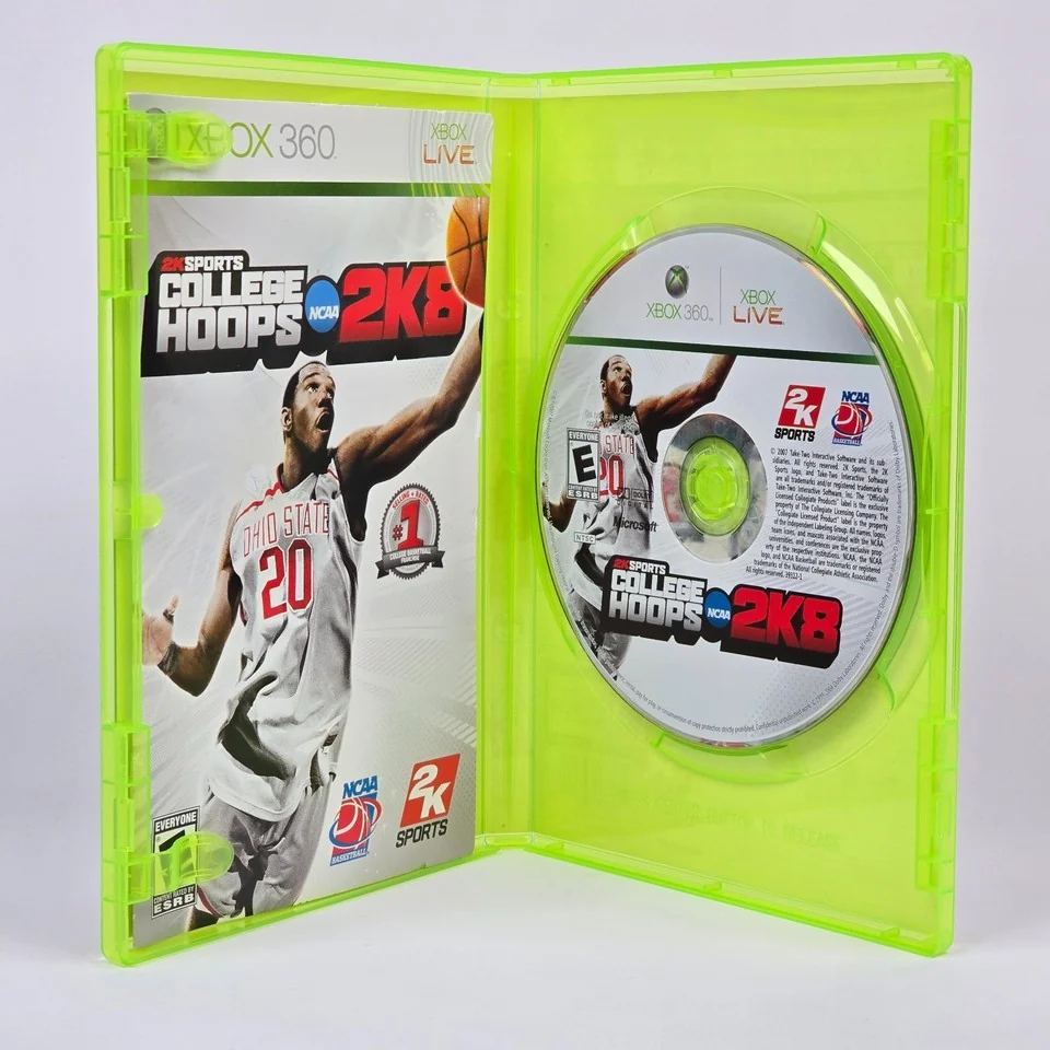 Open Xbox 360 College Hoops 2K8 case with its disc and printed insert