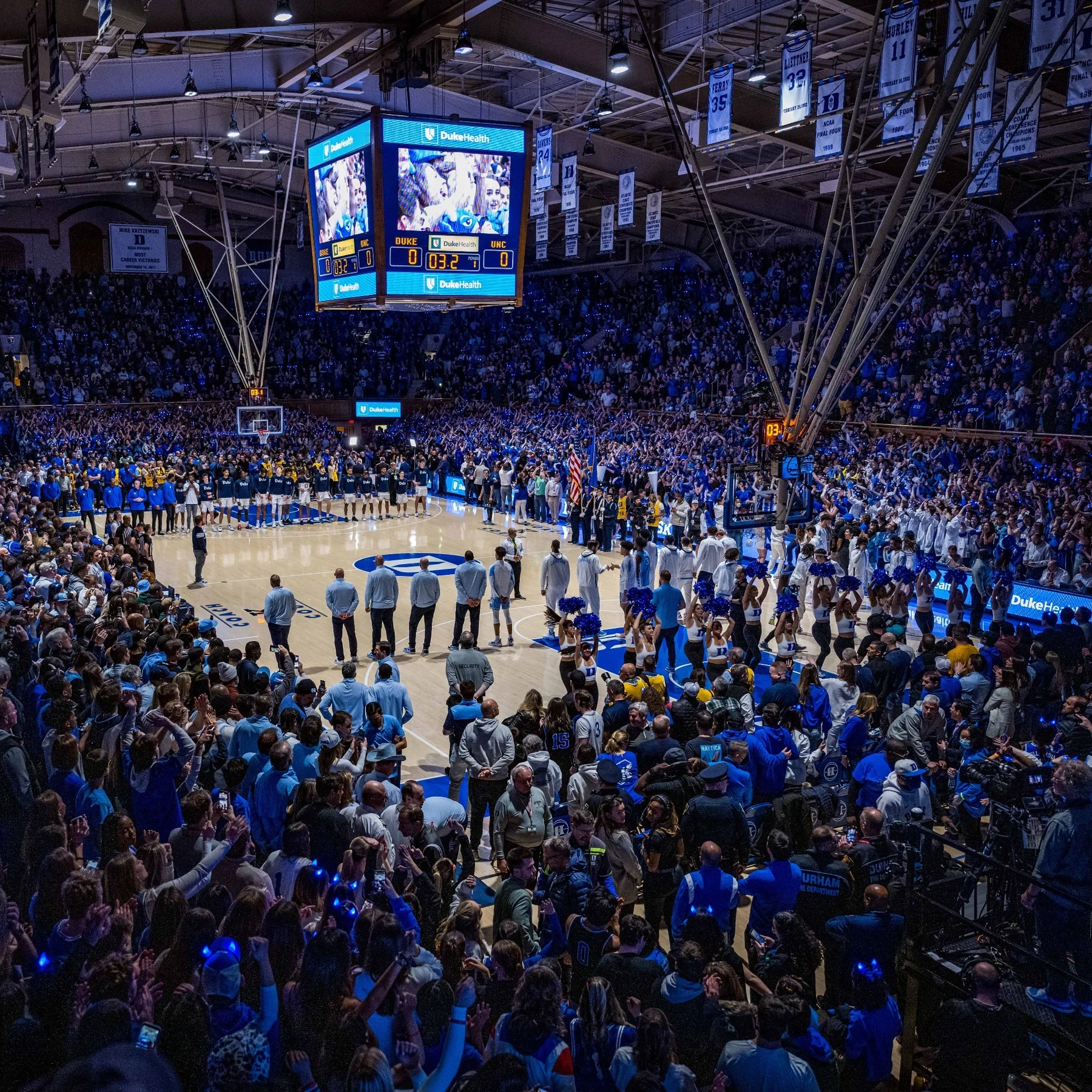 Players and a full crowd inside Cameron Indoor Stadium
