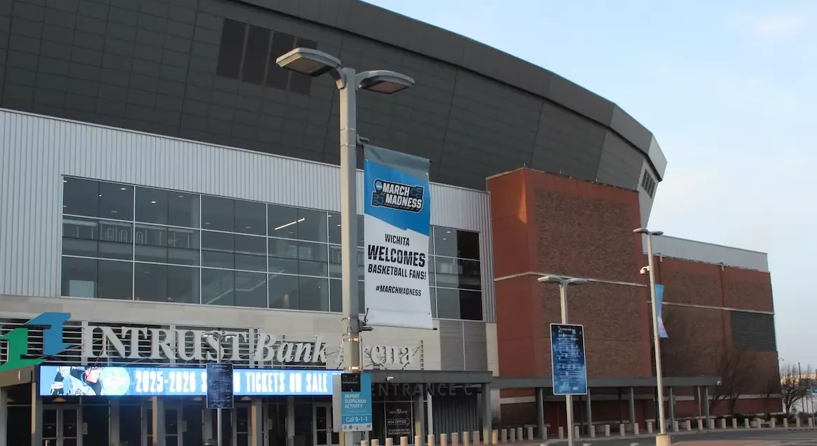 INTRUST Bank Arena in Wichita displaying a March Madness welcome banner
