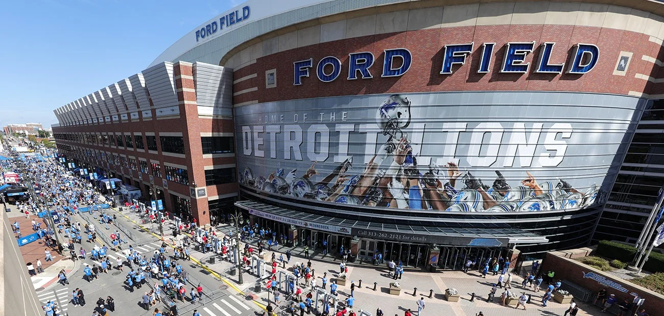 Ford Field exterior and entrance plaza in downtown Detroit