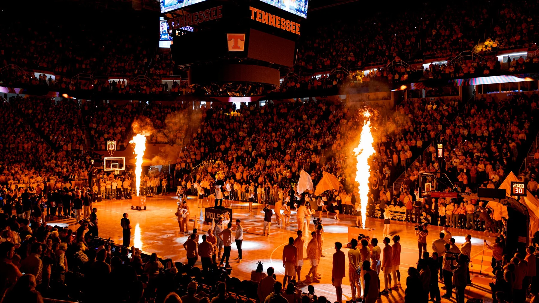 Tennessee basketball floor surrounded by an orange-clad crowd during pregame introductions